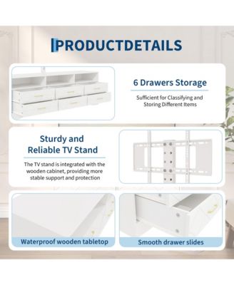 Home 32" to 80" Entertainment Center, Wood Media Console Dresser with 6 Drawers and Adjustable Bracket.