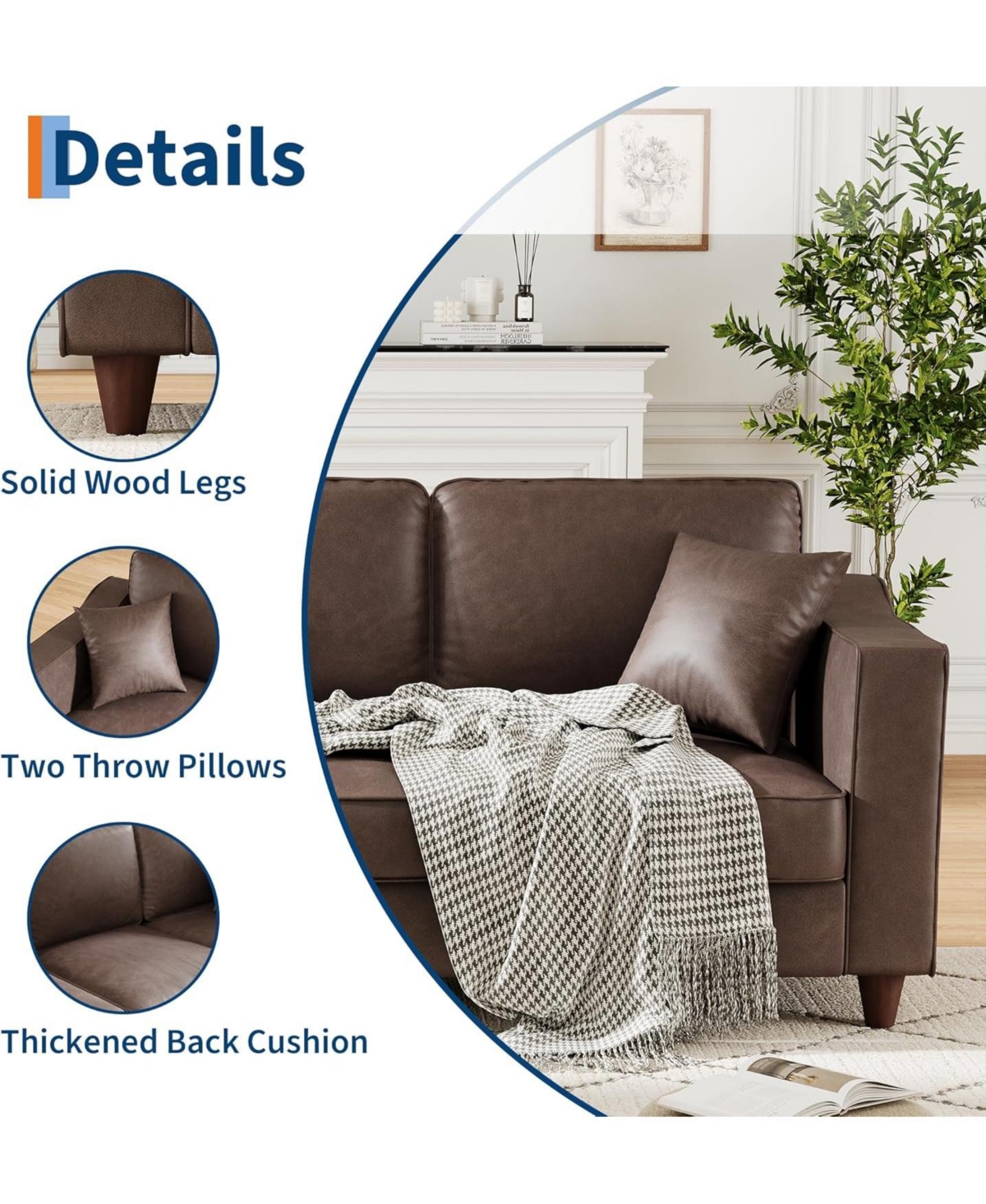 gaomon 85 Inch 3-Seater Sofa Couch Faux Leather Wide Armrests Deep Seats Wood Legs Back Cushion Sturdy Support