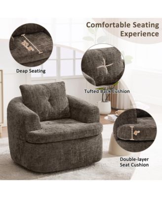Chenille Fabric 360degree(s) Swivel Round Chair, 36.6" Accent Barrel Sofa Chair with Dual-Layer Cushion for Living Room