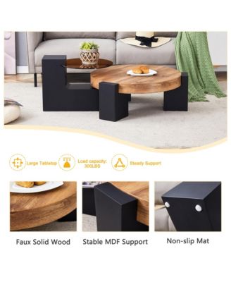 Modern 2-Tier Coffee Table, Round Wooden Top with Black Block Legs and Glass Side Table for Living Room, Apartment