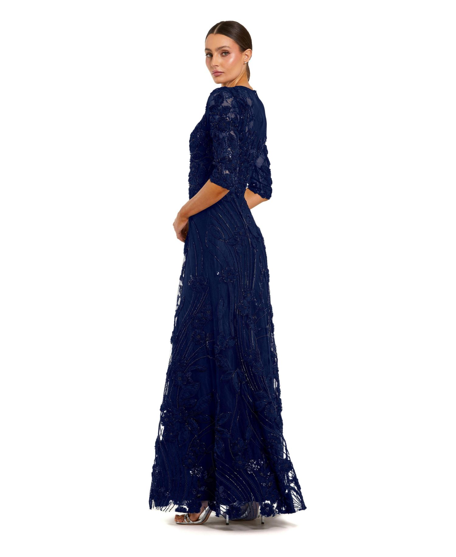 Women's High Neck Embellished Lace Gown with 3/4 Sleeves