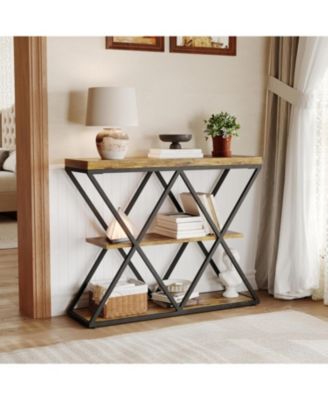 39" Narrow Entryway Console Table, 3-Tier Industrial Sofa Table with Storage Shelf & X Metal Frame,