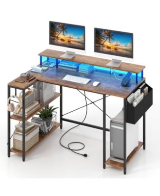 L-Shaped Gaming Desk with LED Lights and Built-In Power Outlets, Corner Workstation