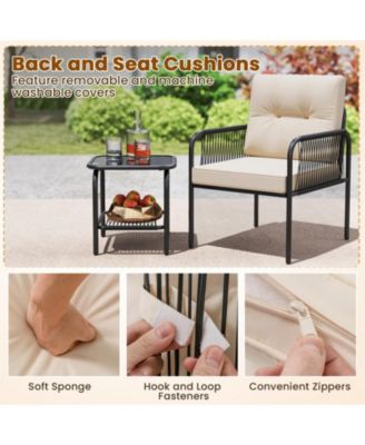 3-Piece PE Wicker Patio Bistro Set with Cushions and Glass Coffee Table