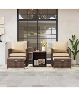 5-Piece Patio Rattan Set with Ottomans and 2-Tier Coffee Table