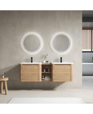 Inch Wall Mounted Double Sink Bathroom Vanity with Storage Shelves, Plywood Cabinet and Soft Close Doors