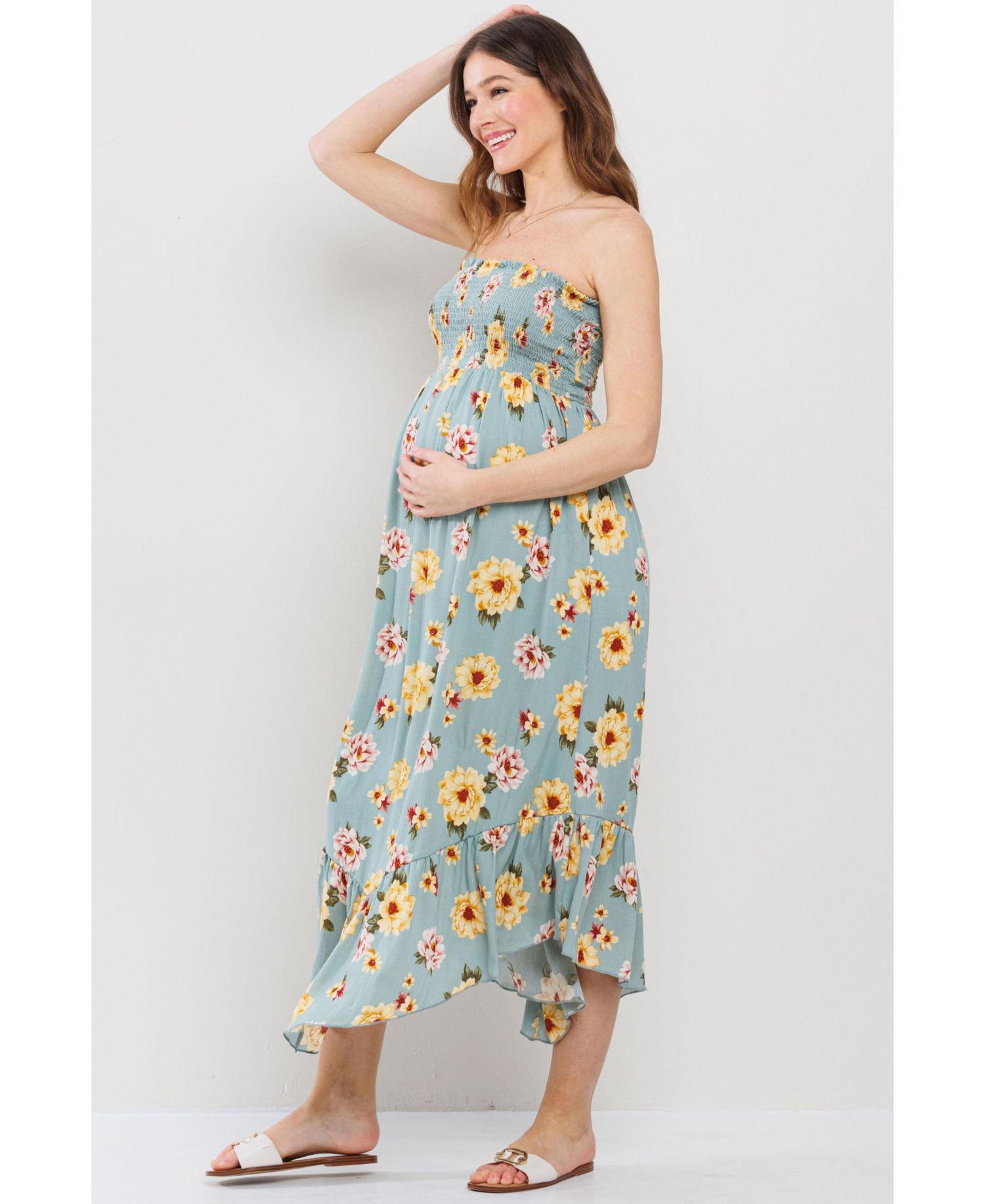 Maternity Floral Smocked Strapless Midi Dress