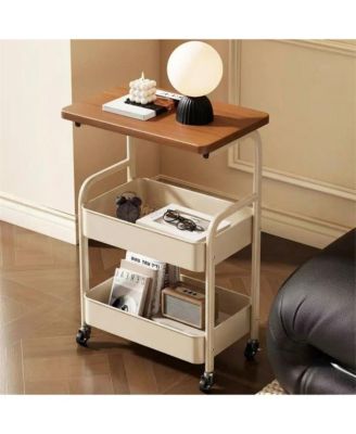 3-Tier Rolling Cart w/Wooden Tabletop, Utility Cart w/Lockable Wheels, Multipurpose Storage Organizer Trolley for Kitchen, Office, Bedroom