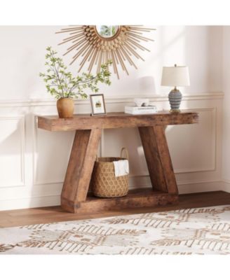 Farmhouse Console Table with Trapezium Design - 55" Wooden Sofa Table with Open Storage Shelf, Industrial Entryway Table for Living Room