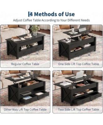 47.2'' Lift-Top Coffee Table with Split Lift Design, Storage Shelf, 2 Drawers & Hidden Compartment - Farmhouse Adjustable Center Table
