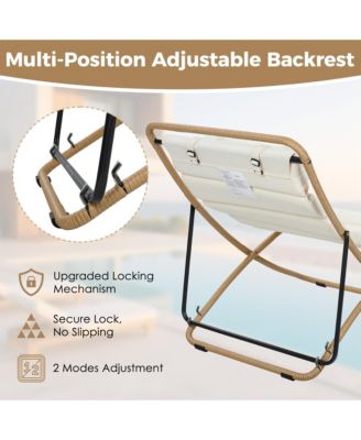 2-Piece Foldable Rattan Lounge Chair Set, Outdoor Reclining Chair with Adjustable Backrest, Thick Cushion and Removable Headrest for Beach