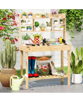 Wooden Potting Bench Table Garden Planting Workstation with 3-Tier Open Shelf