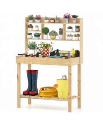 Wooden Potting Bench Table Garden Planting Workstation with 3-Tier Open Shelf