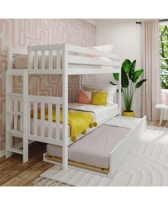 Bunk Bed with Ladder on End and Trundle, Twin-Over-Twin Bed Frame for Kids