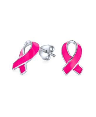 Breast Cancer Awareness Ribbon Support Enamel Stud Earrings .925 Sterling Silver