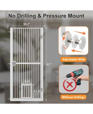 61" Extra Tall Pet Gate, adjustable built-in cat door, pressure mount no drilling, ideal for doorways and kitchen