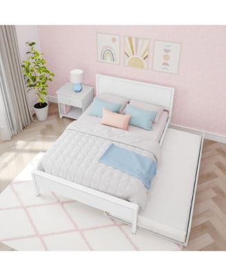 Full Size Bed Frame with Trundle, Classic Solid Wood Platform Bed for Kids
