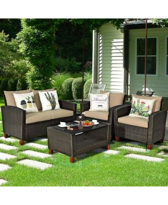 4PCS Patio Rattan Furniture Set Solid Wood Leg Cushioned Sofa Garden Lawn