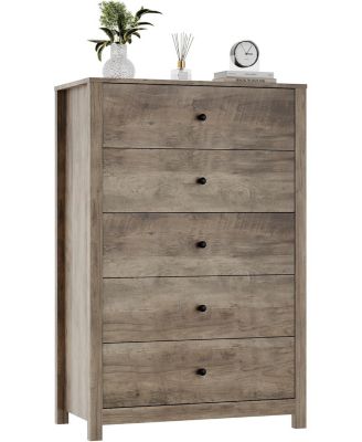 Modern 5 Drawer Wooden Dresser Chest, Tall Cabinet with Deep Storage Drawers, Metal Knobs, Versatile for Bedroom,Living Room, Hallway, Entryway