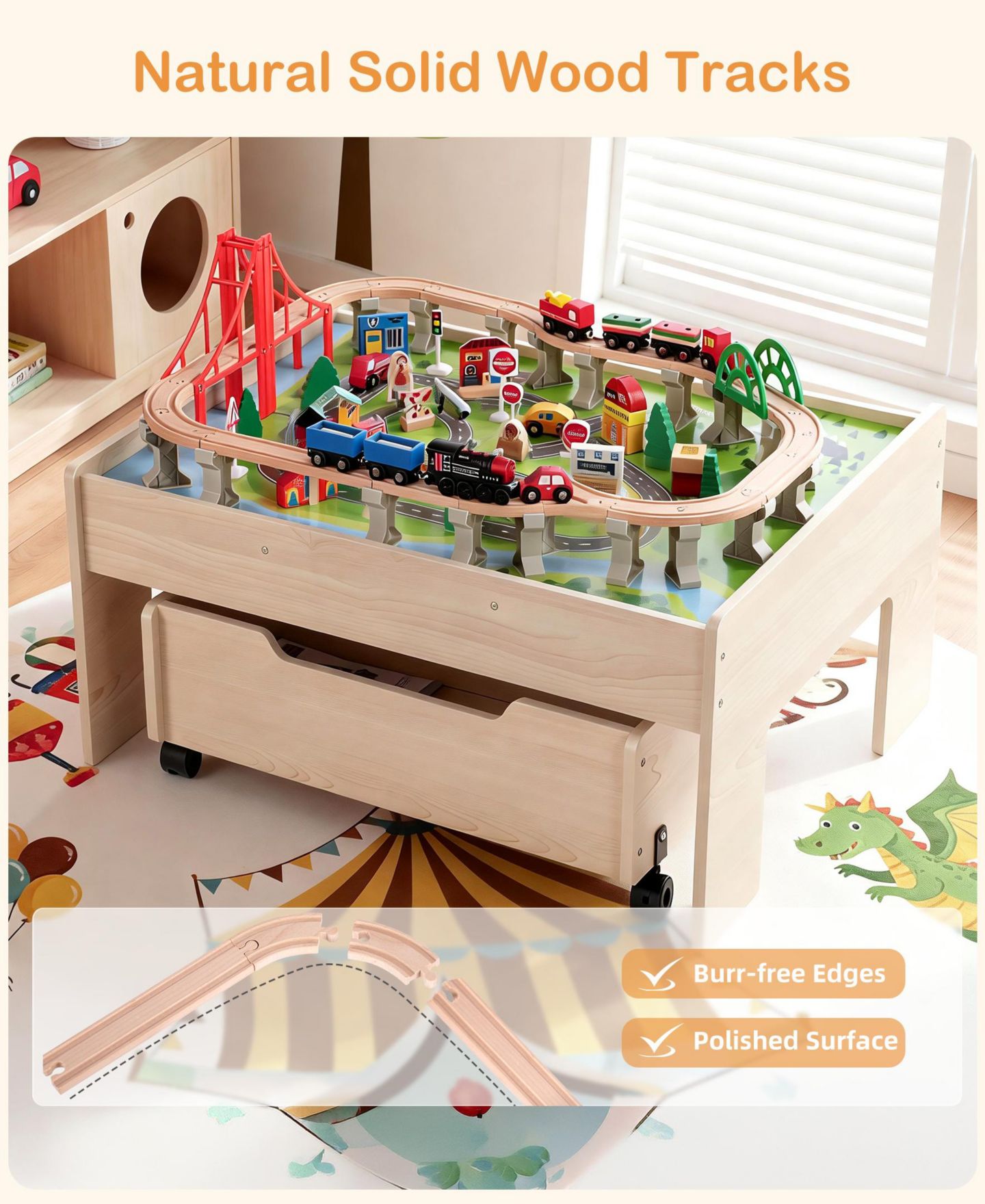 Детские игрушки SUGIFT 100-Piece Multicolor Wooden Kids Activity Table, 3-in-1 Wooden Train Set with Rolling Storage Drawer, Creative Toy Set for Kids Ages 3+, цвет: Натуральный — фото 7