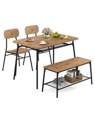 4 Piece Dining Table Set for 4 Metal Frame with Bench and 2 Chairs