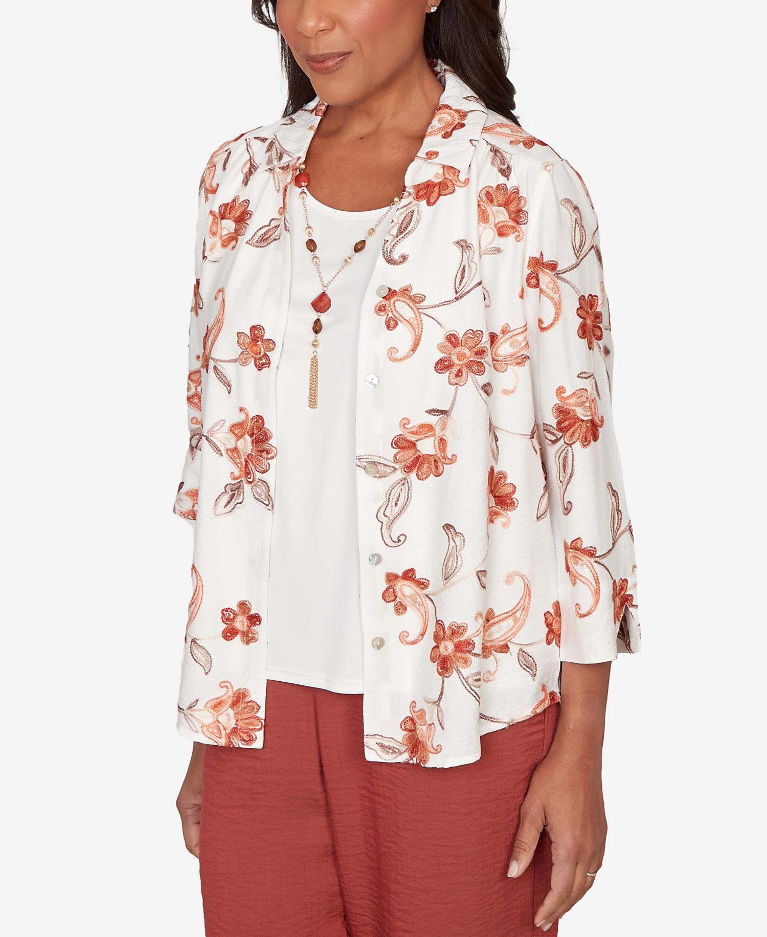 Petite Spice Market Paisley Floral Collared Two-In-One Top with Necklace