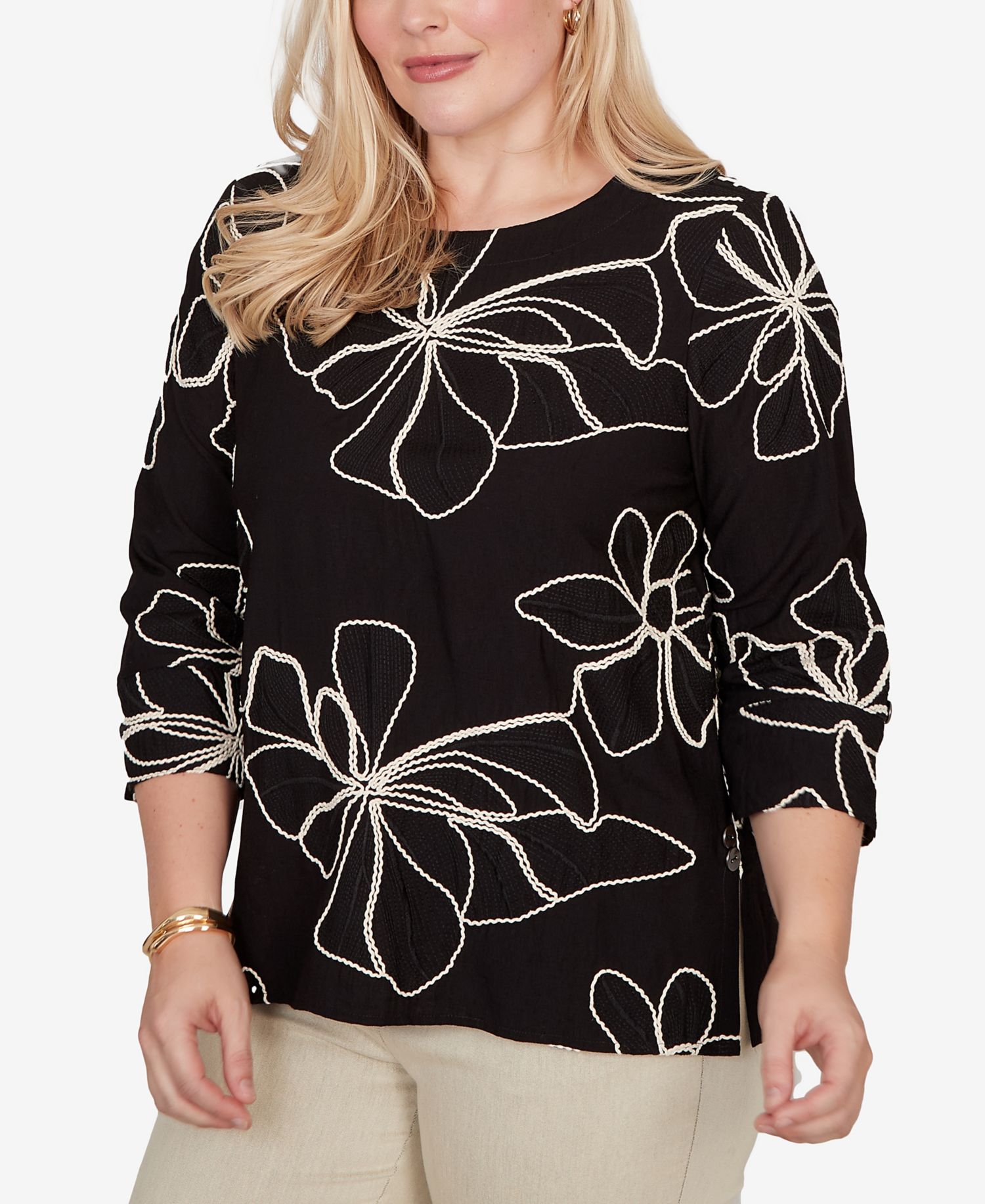 Petite Detail Driven Flower Soutache Three-Quarter-Sleeve Top