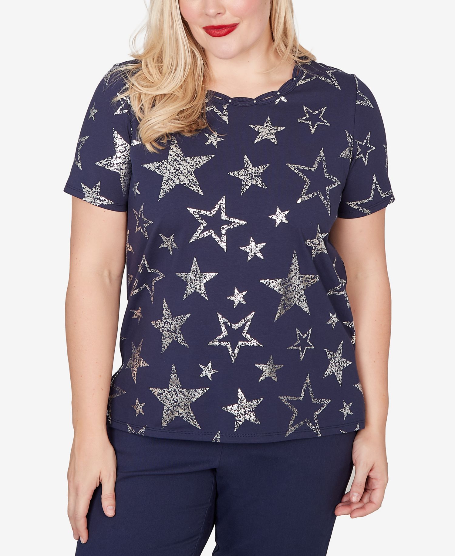 Petite Lady Liberty Sparkling Foil Stars Short-Sleeve T-Shirt