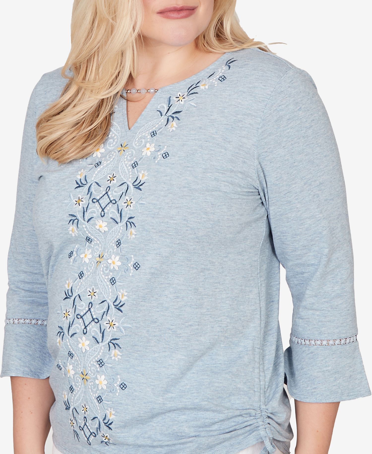 Petite Out of the Blue Center Scroll Embroidered Side-Tie Split Neck Top