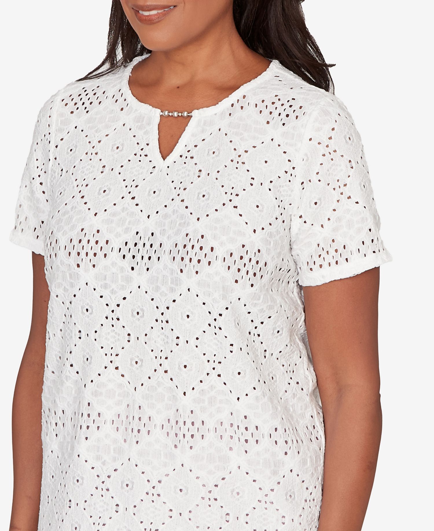 Petite Vintage Charm Solid Eyelet Split Beaded Neck T-Shirt