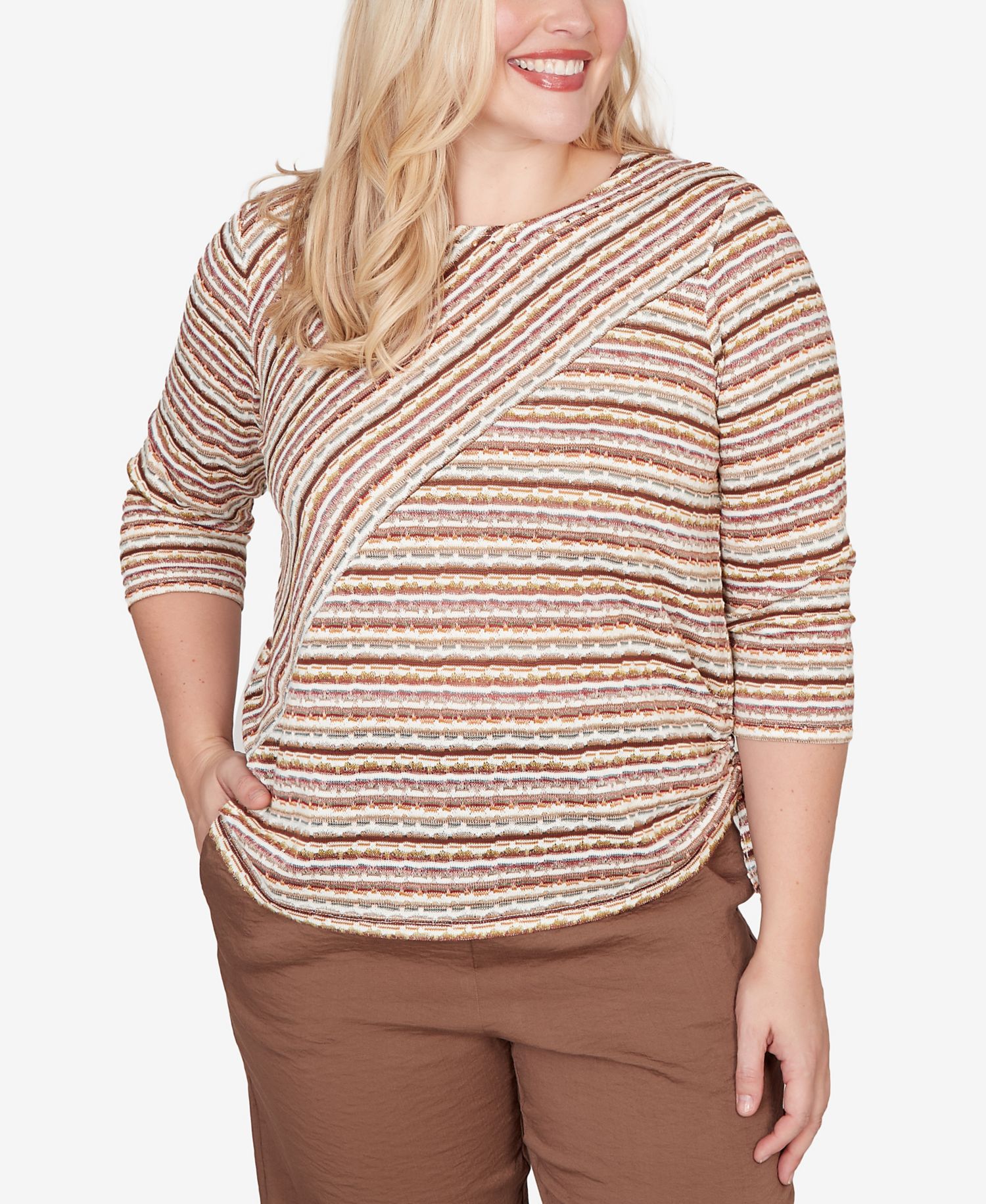 Petite Crewneck Spice Market Spliced Textured Stripe Ruched-Tie Top