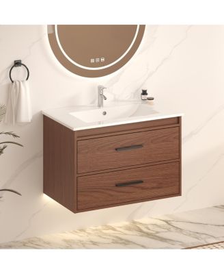 30 Inch Wall Mounted Bathroom Vanity with Ceramic Sink, Soft Close Drawers and Reddish Brown Cabinet, Modern Transitional Design