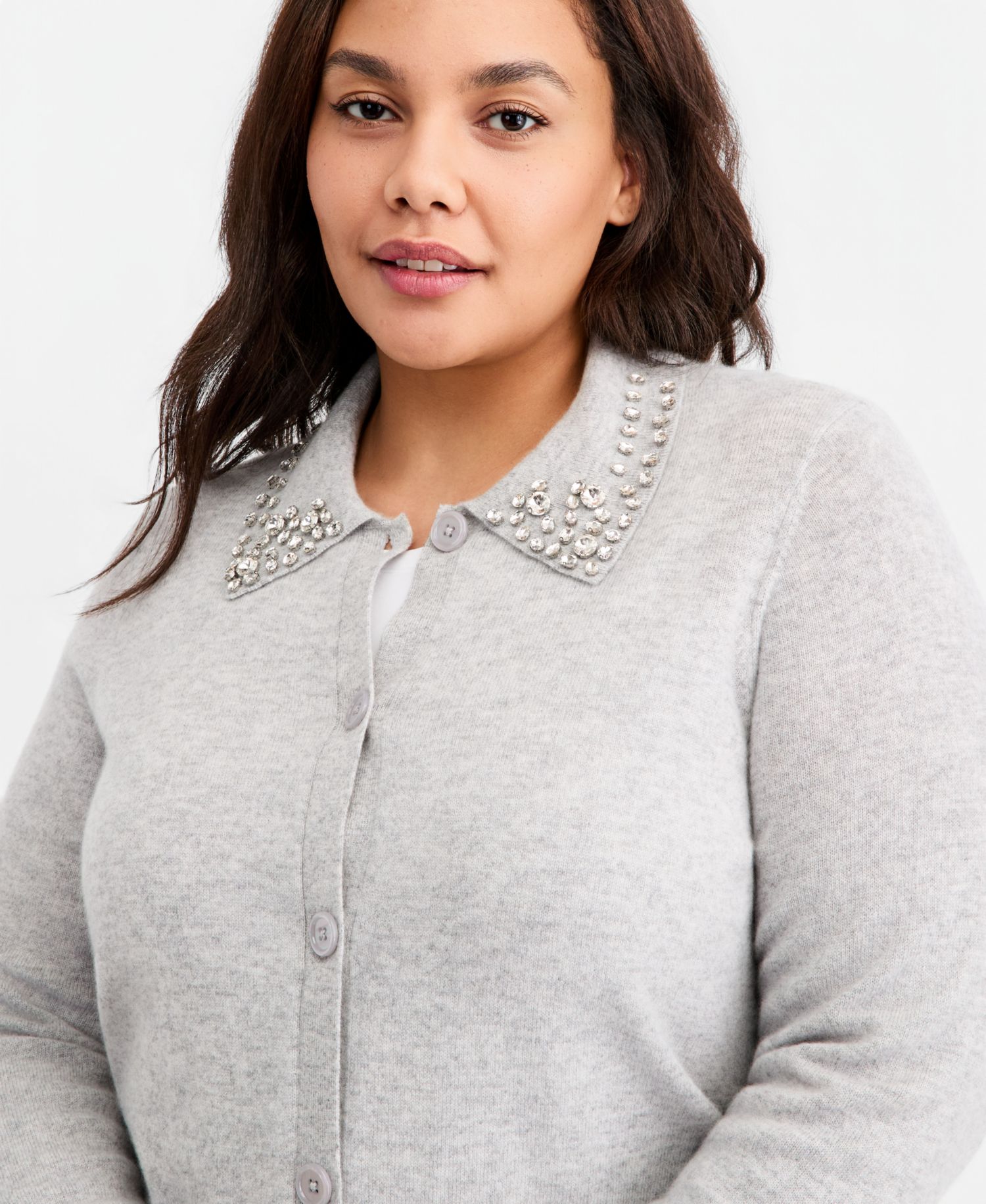 Plus Size 100% Cashmere High-Rib Embellished Cardigan