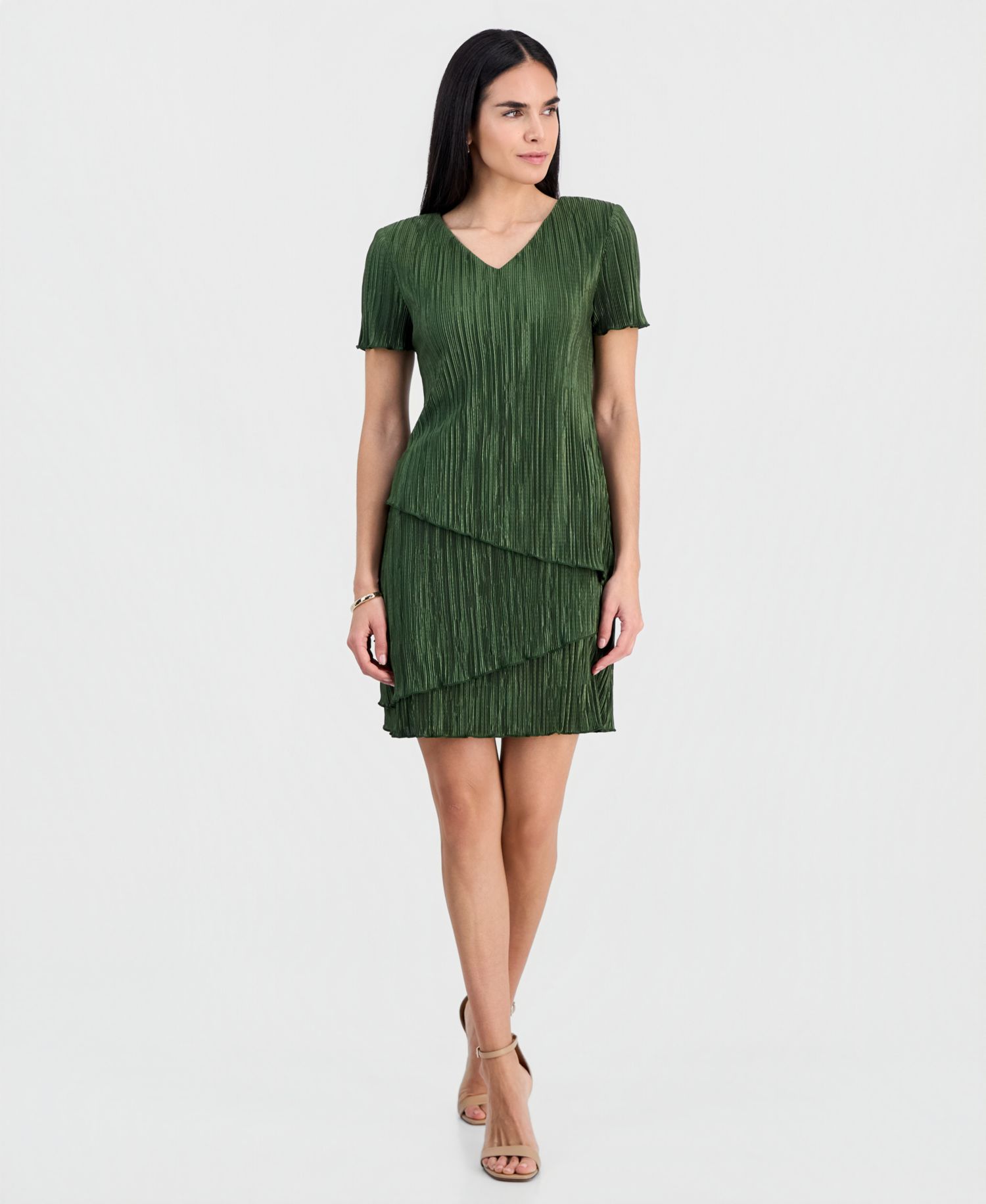 Petite V-Neck Tiered Short-Sleeve Sheath Dress