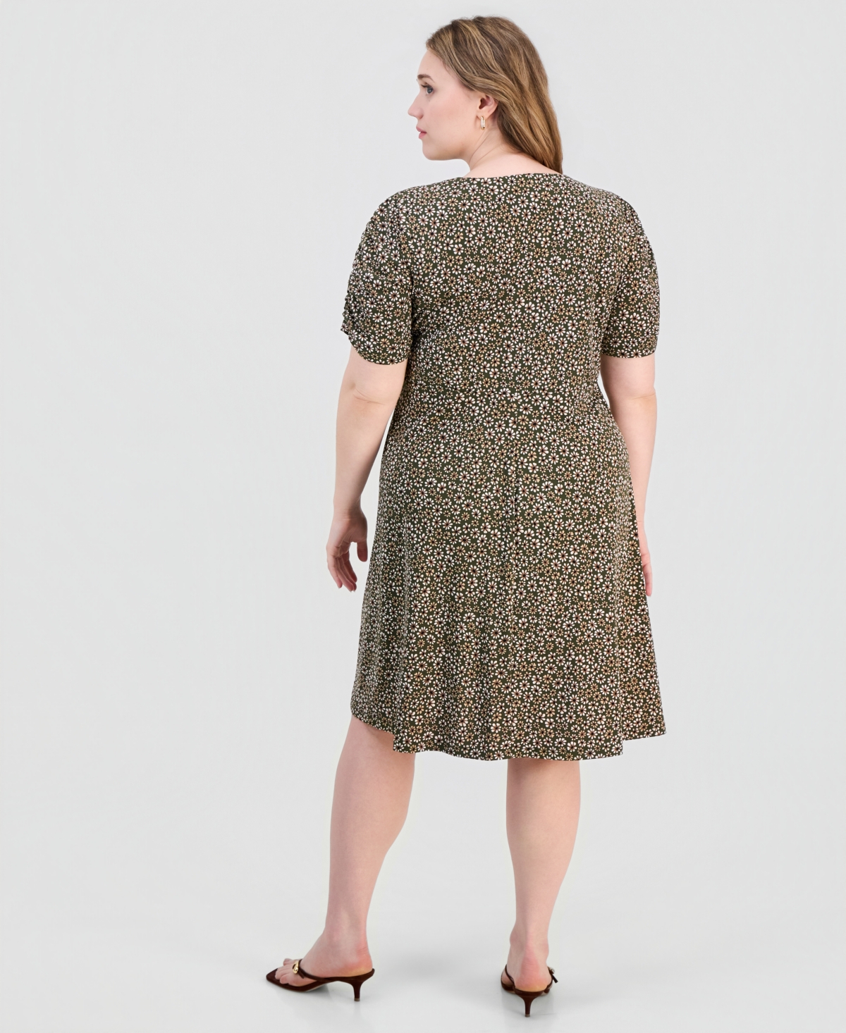 Connected Plus Printed Ruched-Sleeve Sheath Dress
