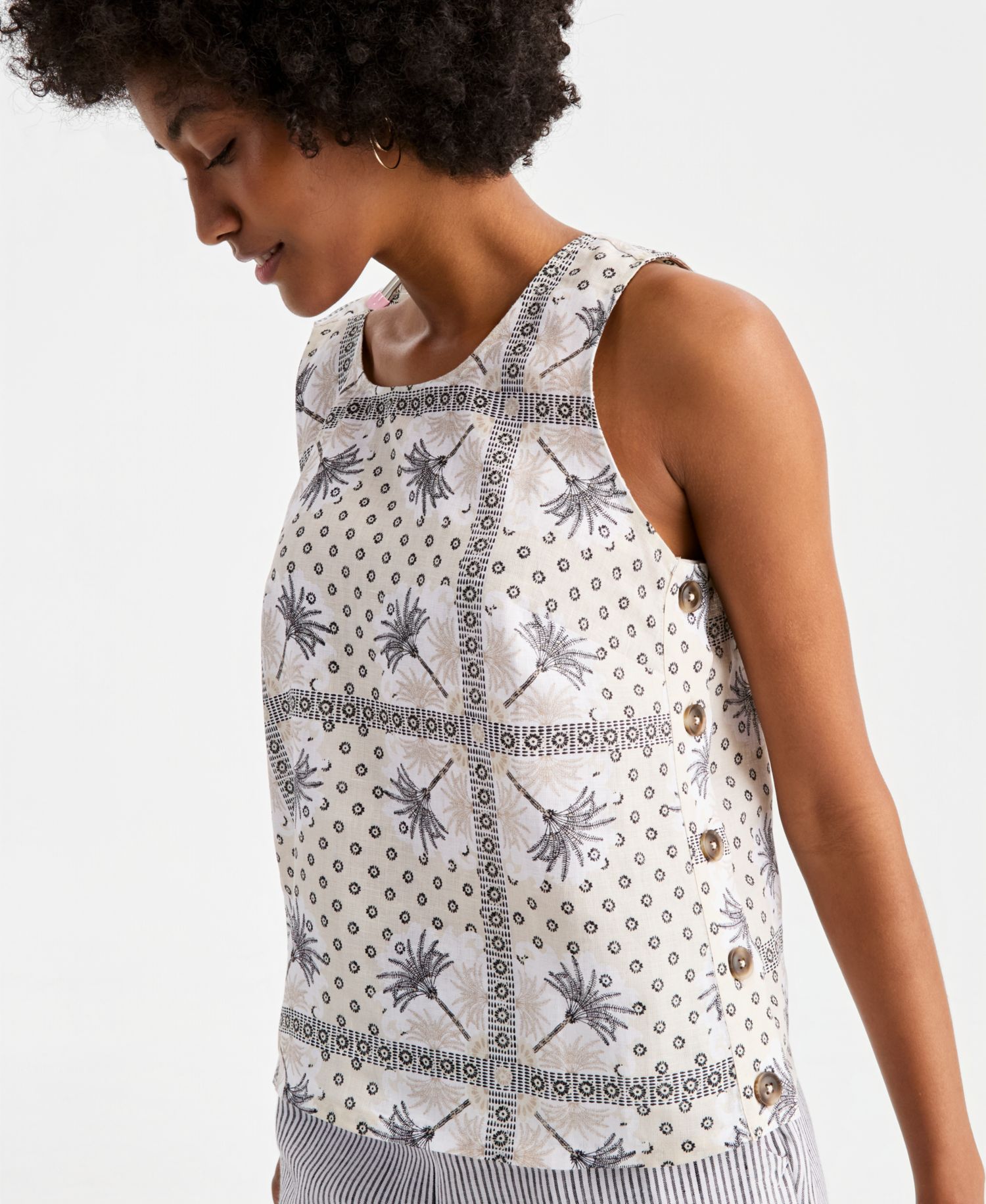 Women's 100% Linen Pleated-Back Sleeveless Top