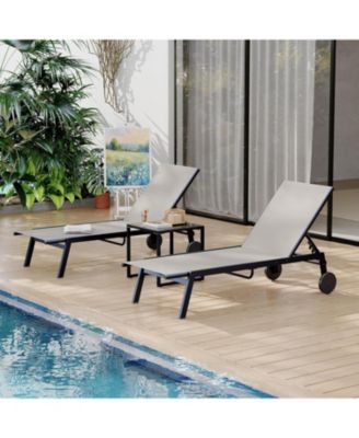 3-Piece Outdoor Lounge Set, Metal Chaise Recliners (2 Chairs) Side Table, 5-Position Adjustable Poolside