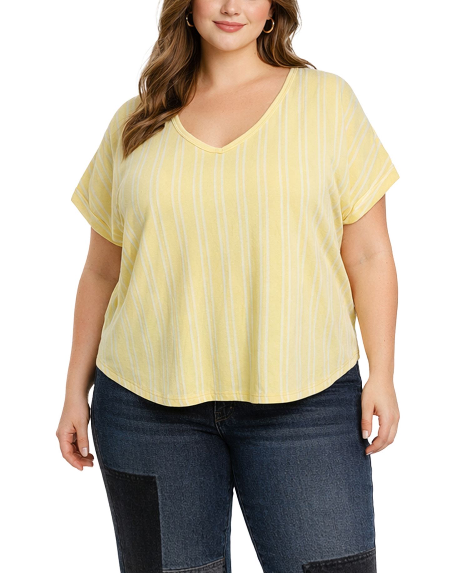 Plus Size Vertical Stripe Rolled-Sleeve Top