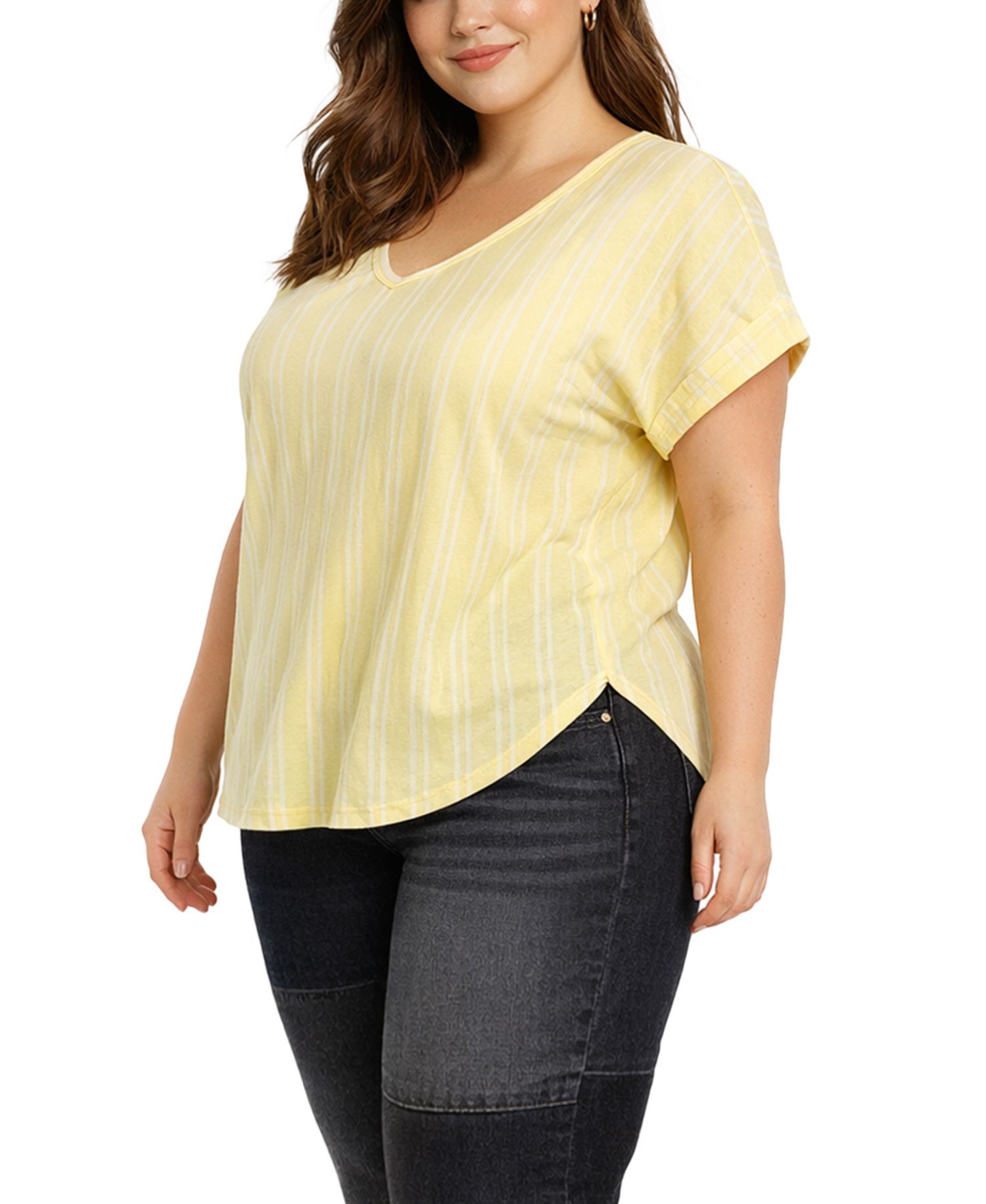 Plus Size Vertical Stripe Rolled-Sleeve Top