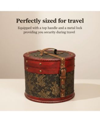 Vintage Cylindrical Wooden Trinket Box Lock Top Handle Round Storage Chest