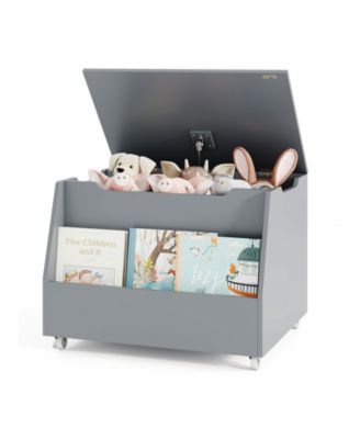 Wooden Mobile Toy Storage Organizer with Bookshelf and Lockable Wheels