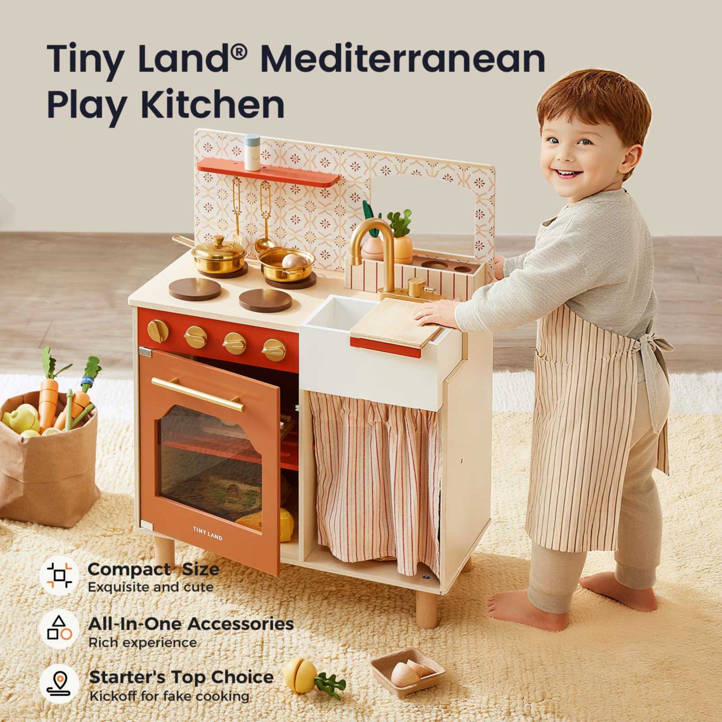 Детская игрушка Tiny Land Mediterranean Interactive Wooden Play Kitchen, Ages 3+, цвет: Коричневый — фото 2