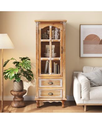 Rustic Wooden Storage Cabinet with Cutout Door and 2 Drawers