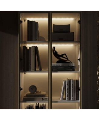 Display Cabinet with 2 Glass Doors and Lights, 4-Tier Storage Shelves and 2 Drawers