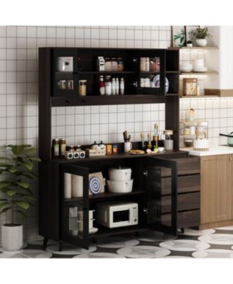 Large Kitchen Hutch Cabinet, Storage Cupboard Pantry with 4 Glass Doors, 4 Drawers and Microwave Shelf, Buffet,Sideboard