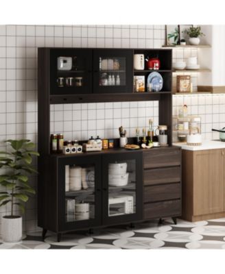 Large Kitchen Hutch Cabinet, Storage Cupboard Pantry with 4 Glass Doors, 4 Drawers and Microwave Shelf, Buffet,Sideboard