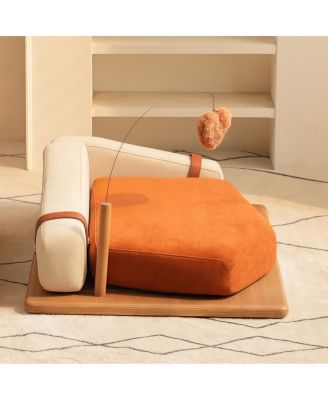 Modern Chenille Pet House Bed with Wood Frame and Hanging Toy for Cats and Dogs