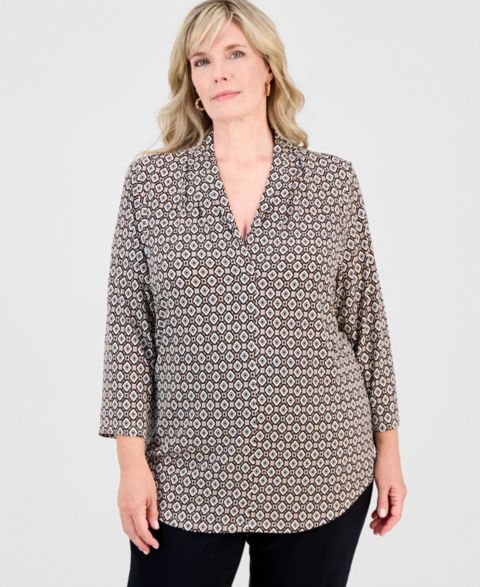 Женский топ JM Collection Plus Size Bazaar V-Neck 3/4-Sleeve Top, цвет: Чёрный