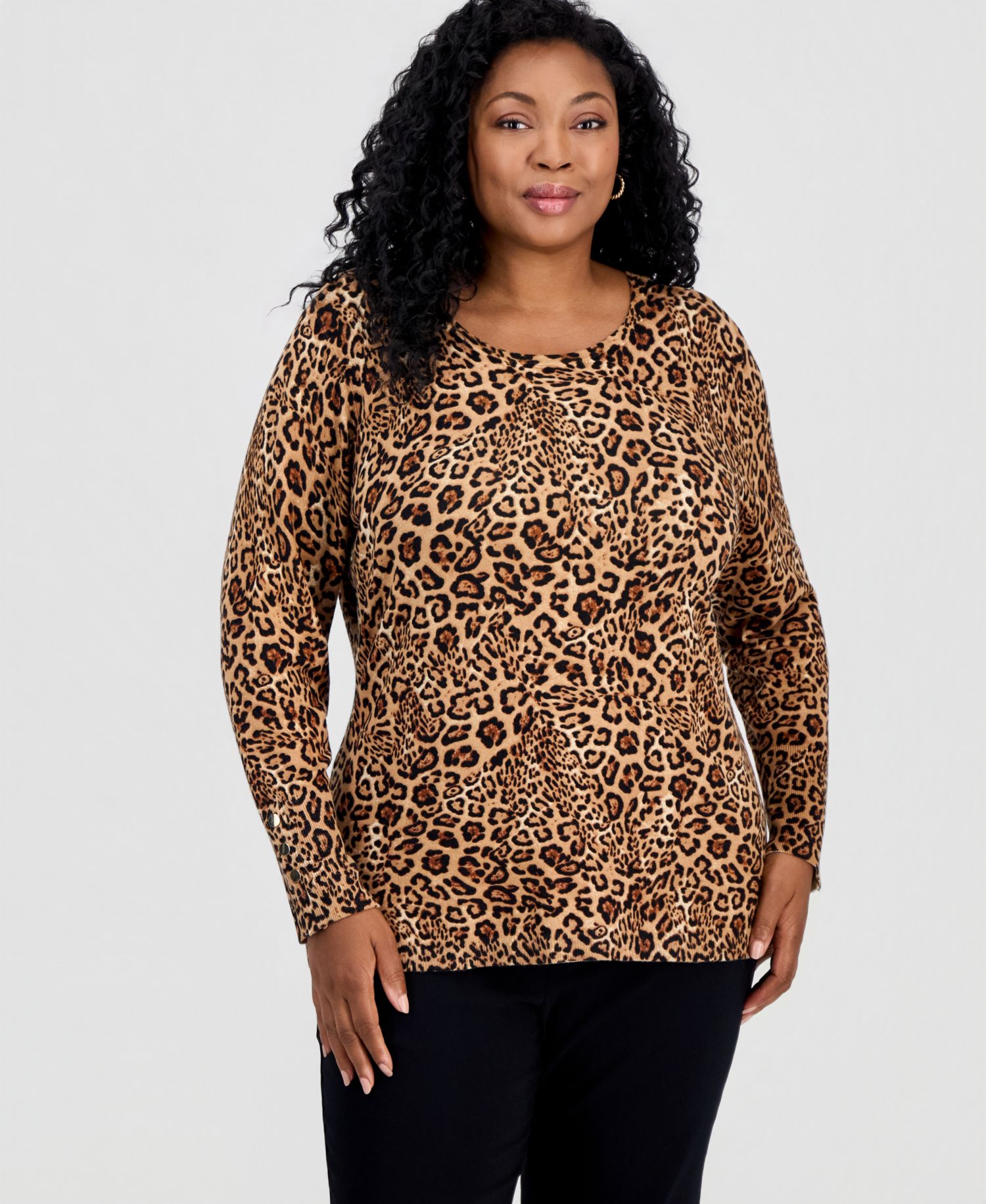 Petite Bold Leopard Long-Sleeve Crewneck Sweater
