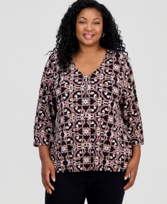Plus Size Zip-Neck 3/4-Sleeve Top